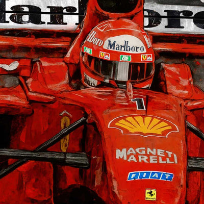 dettaglio zoom del quadro moderno appeso di Michael Schumacher nella sua Ferrari rossa sponsorizzata Marlboro